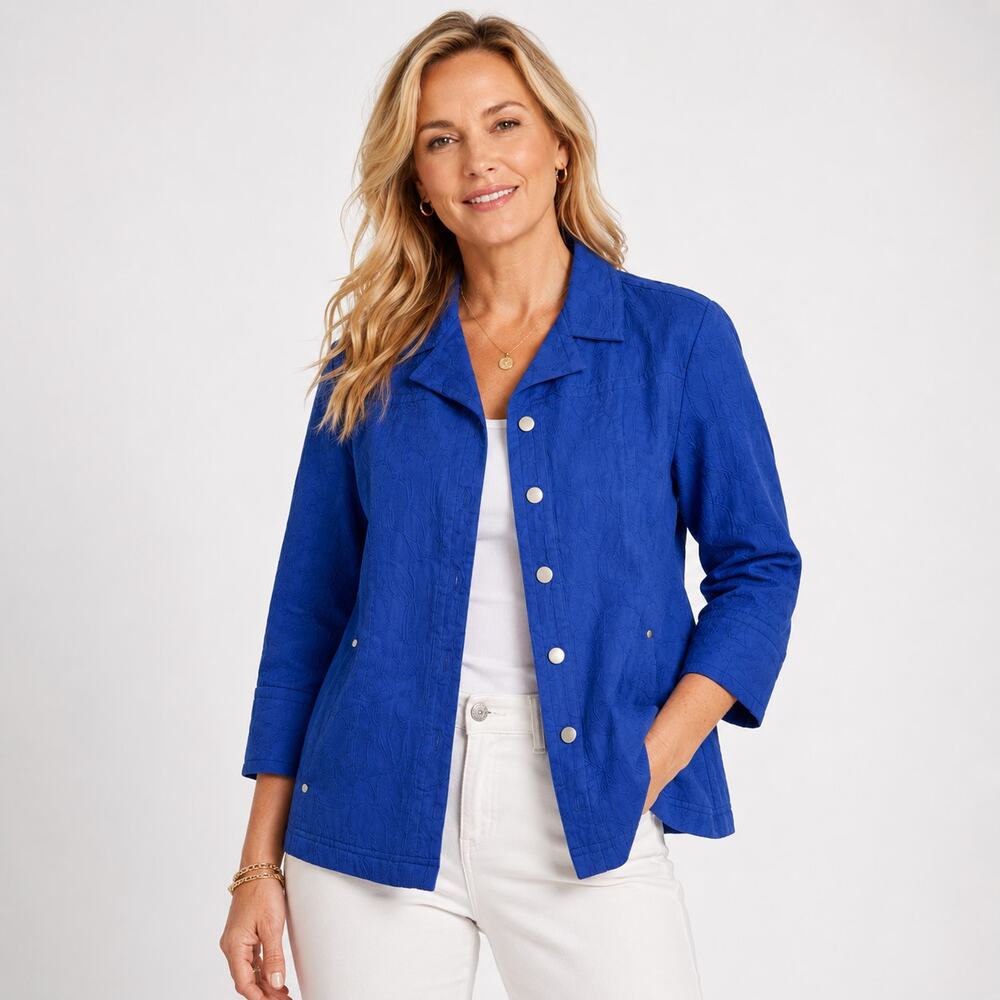 Coldwater Creek Cotton Royal Blue Textured Floral Jacket 14P Coastal‎ Grandma